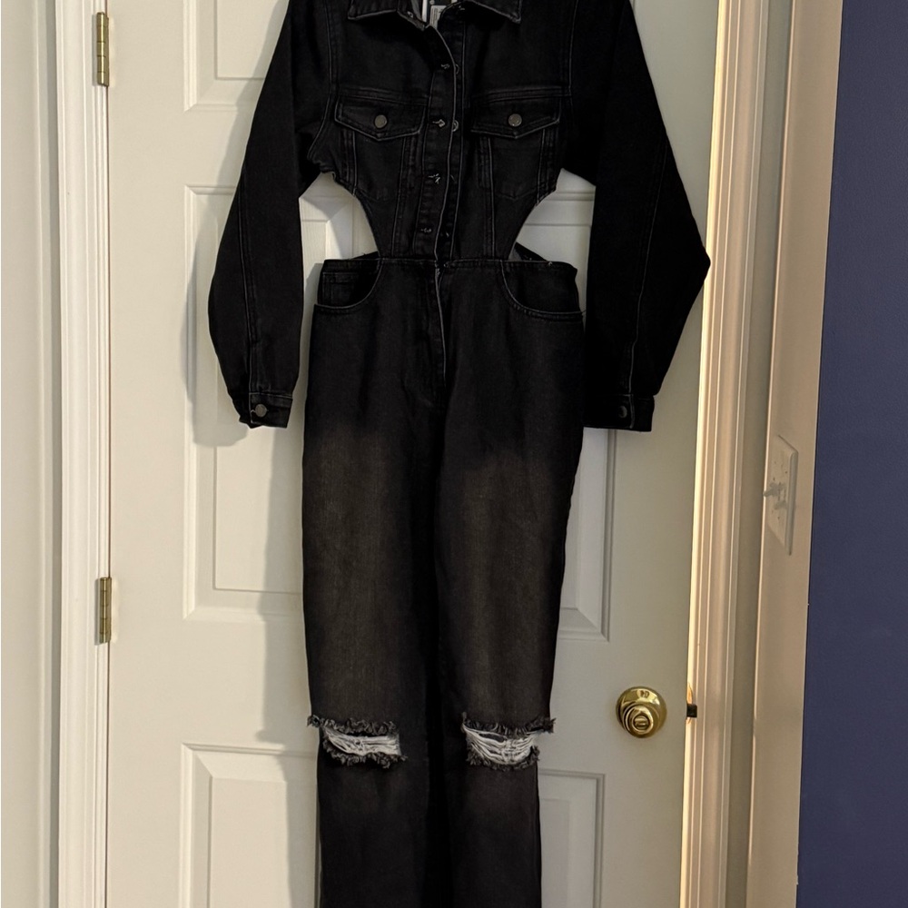 Black Denim Jumpsuit with Distressed Knees
